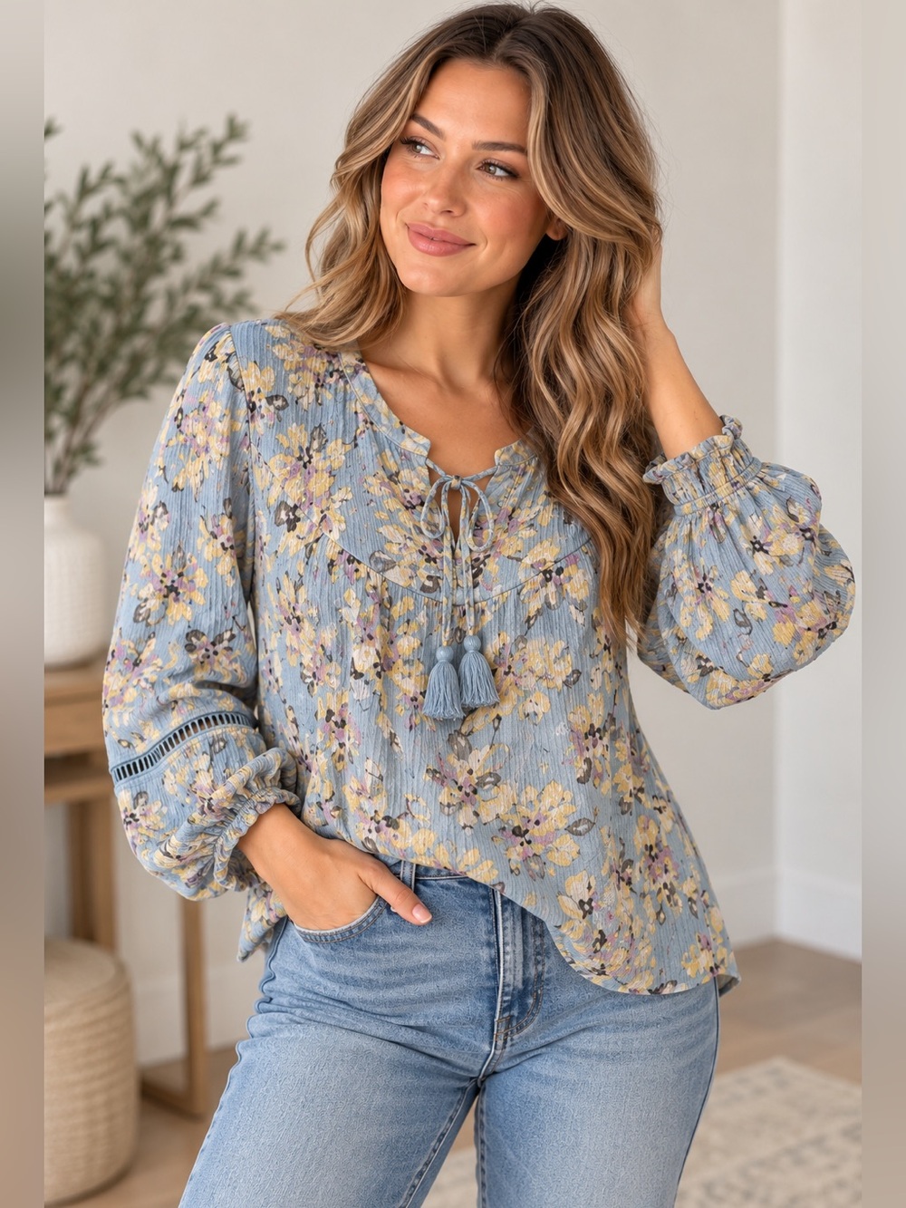 Zac & Rachel Blue Floral Boho Peasant Blouse Tassel Tie Size L